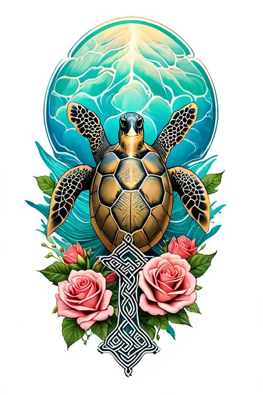 realistic sea turtle and roses and Celtic cross tattoo design idea