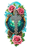 realistic sea turtle and roses and Celtic cross tattoo design idea