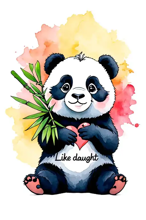 panda sitting with watercolor under it holding bamboo that says "like daught" that forms a half heart with the bamboo go tattoo design idea