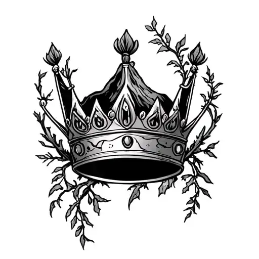 crown surrounded by vines and volcanos. tattoo design idea