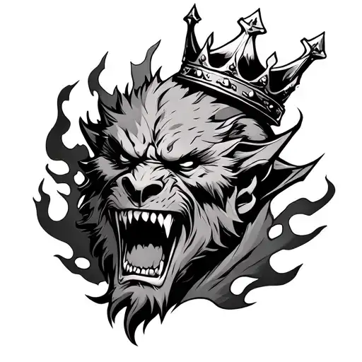 angry wold with King crown and surrounded with fire and also libra zodiac sign  tattoo design idea