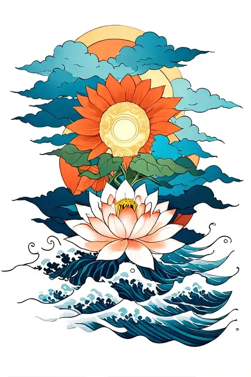 JAPANESE SLEEVE WITH CLOUDS AT THE TOP, THEN BELOW CLOUDS SUN, THEN LOTUS THEN SUNFLOWER AND AT THE BOTTOM THE SEA WAVES tattoo design idea