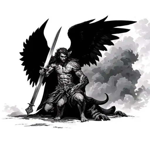 I want a arcangel michael weilding a sword while kneeling on a demon with a nice cloudy background with a colosseum tattoo design idea