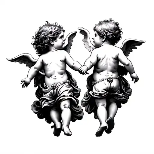 two cherubs holding hands walking away one boy on girl backs completely turned can only see back of their bodies tattoo design idea