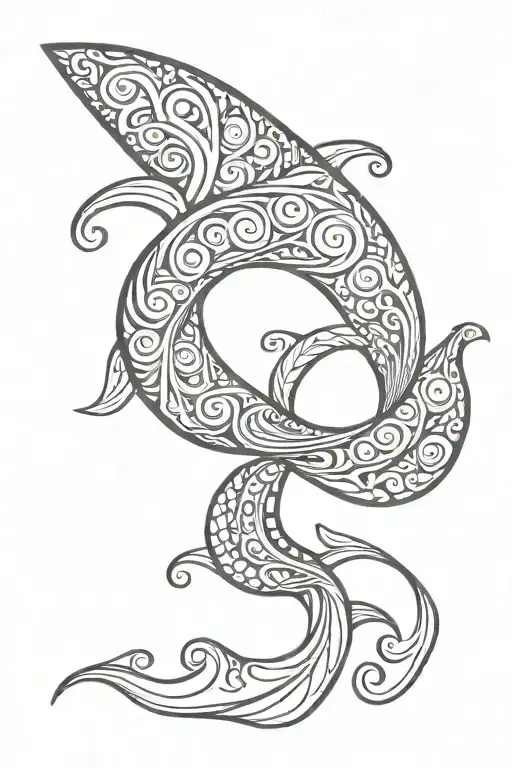 whale tail with māori koru symbol intertwined. swirl wave style line from top to bottom behind tail tattoo design idea