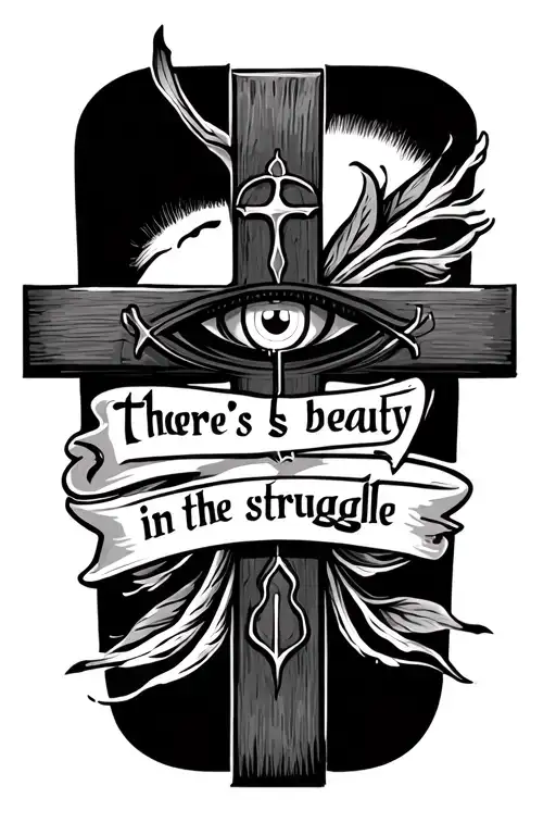 3 religious cross with a eye and tear on the side with the words there's beauty in the struggle in the middle tattoo design idea