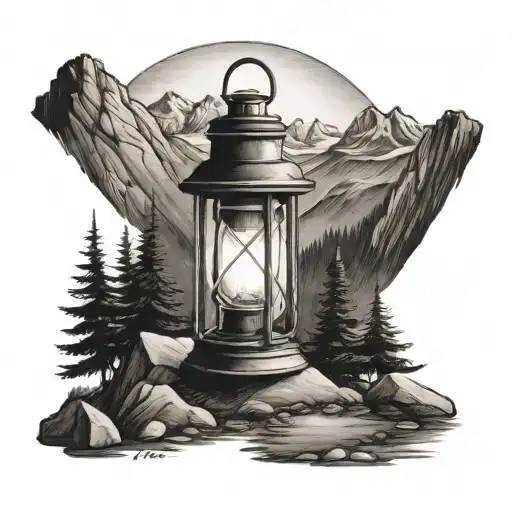 A black-grey tattoo of a vintage camping lantern shining light on a mountain trail tattoo design idea