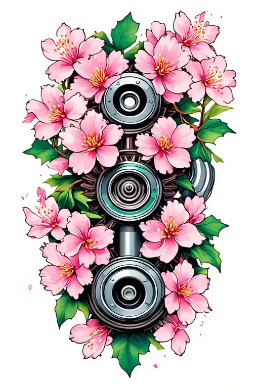 turbo, gears, pistons, cherry blossom branch tattoo design idea