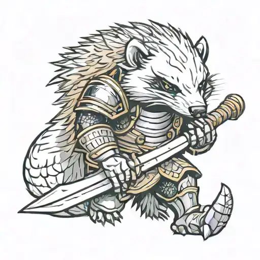 Furry Honey Badger with Knight armor holding a sword tattoo design idea