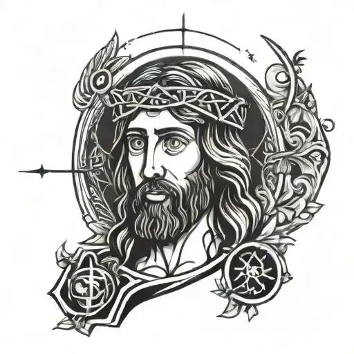 A stylized portrait of Jesus Christ surrounded by symbols of effort and discipline, with the date 22/09/2024 incorporated into the design tattoo design idea