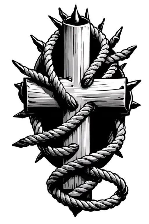 Cross made of 3 nails, and a rope wrapping around where the nails cross tattoo design idea
