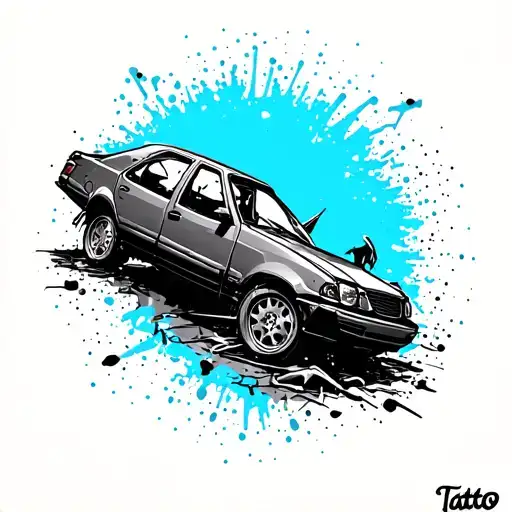 Compose a tattoo of a crashed car in a graphic/graffiti style pole with black and white pins and in dot work/blekwork tattoo design idea