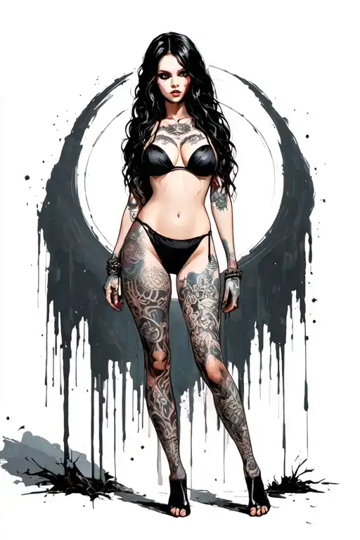 Sexy girl, petite, big boobs, wide hips, bikini . long hair,sexual. Seductive. Full Body, standing with legs and feet tattoo design idea