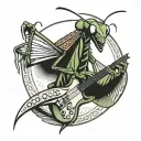 praying mantis playing an electric guitar tattoo design idea