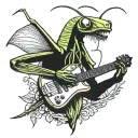 praying mantis playing an electric guitar tattoo design idea