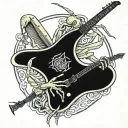 praying mantis playing an electric guitar tattoo design idea