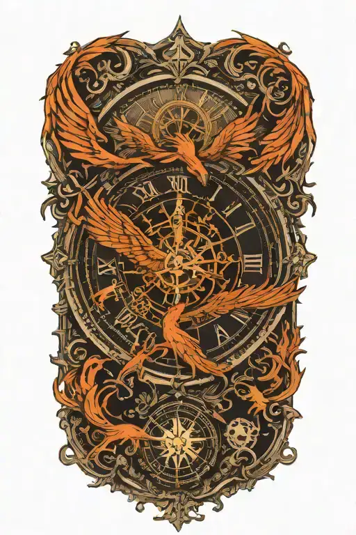 compass layered behind a clock representing the course for life over time. Overlapping is a Phoenix rising uo tattoo design idea