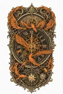 compass layered behind a clock representing the course for life over time. Overlapping is a Phoenix rising uo tattoo design idea