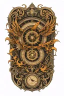 compass layered behind a clock representing the course for life over time. Overlapping is a Phoenix rising uo tattoo design idea