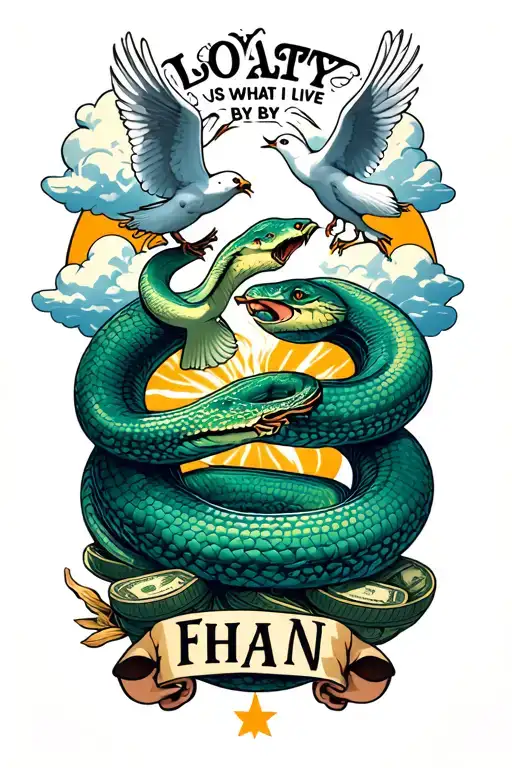 "Loyalty is what i live by Fhhh" snake money white doves clouds loyalty family tattoo design idea