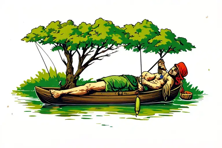 lepercaun fishing sleeping under a tree by a pond tattoo design idea