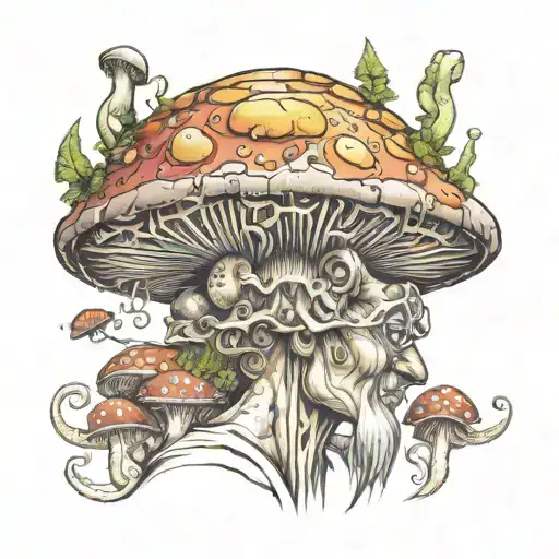 mushroom man hybrid creature connecting different realms tattoo design idea