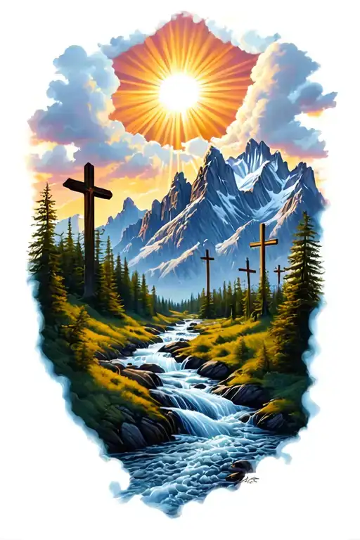 i was thinking a river leading up to some mountains w 3 crosses on the mountains and like sun rays and clouds in the sky tattoo design idea