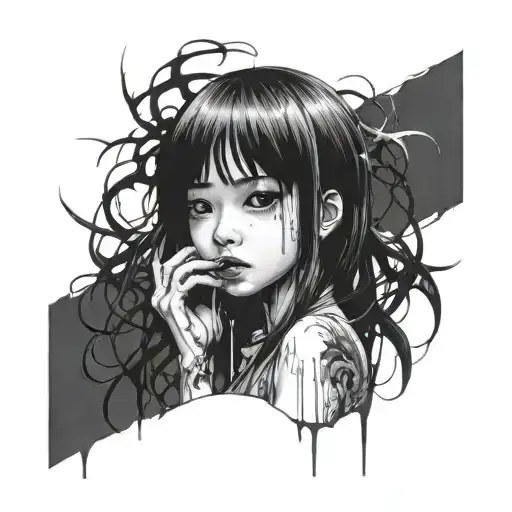 Black And White Anime Girl gore horror gothic Junji Ito Style  tattoo design idea