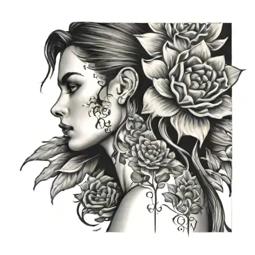 Tattoo on the spine from the back of the neck to near the waist. The tattoo includes the text (strong girl) and a flower tattoo design idea