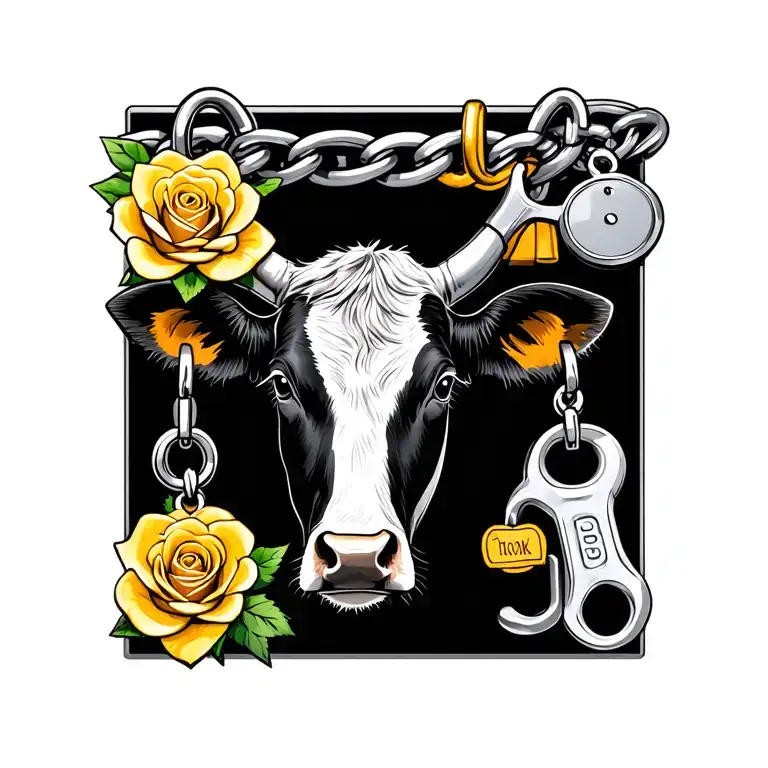 charm bracelet with charms. Holstein cow head, yellow rose, stethoscope,wrench tattoo design idea
