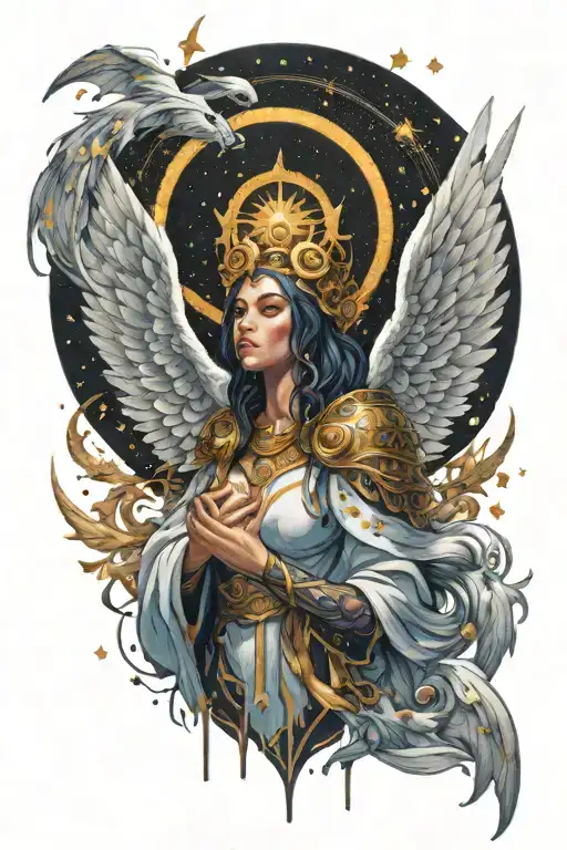 world of warcraft angel surrounded by falling stars and spiral decor tattoo design idea