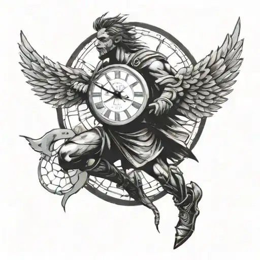 warrior with a cracked clock behind it with dove wings tattoo design idea