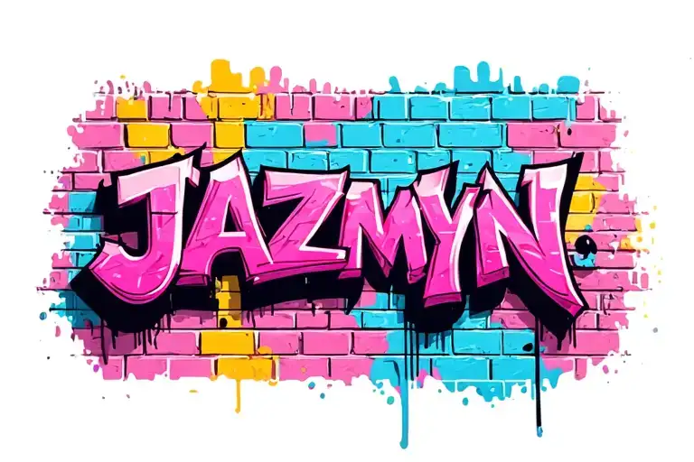 3D angled brick wall, bubblegum graffiti that says ‘JAZMYN’, vibrant colors, street art tattoo design idea