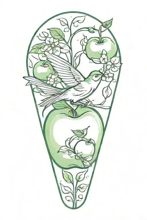 Create a sleeve tattoo featuring a green apple, a swallow, a womans hand giving the "OK" symbol tattoo design idea