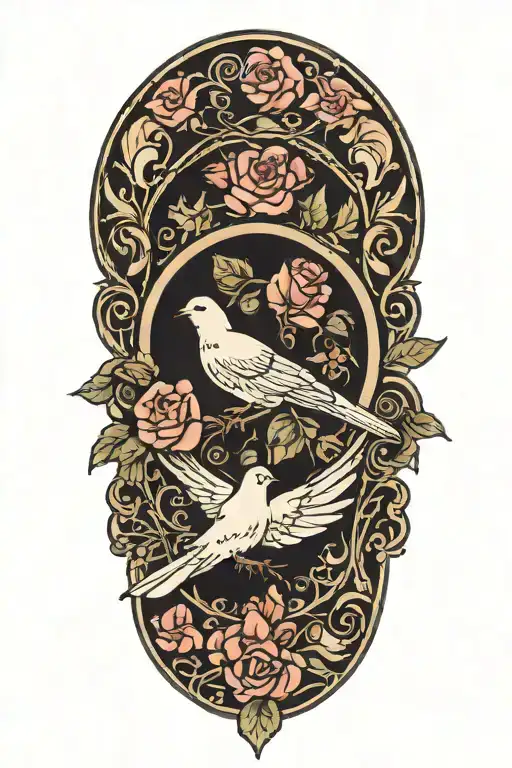 circle ring of several small roses around a center flourish design with a perched dove, wings folded tattoo design idea
