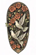 circle ring of several small roses around a center flourish design with a perched dove, wings folded tattoo design idea