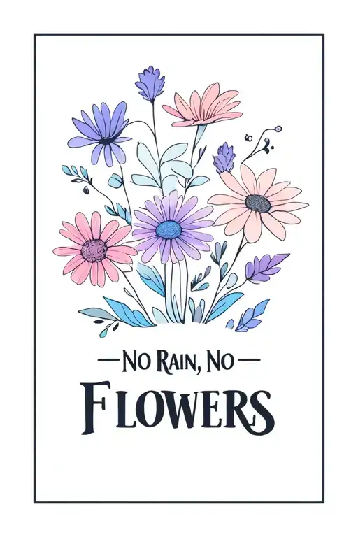 Bouquet of mental health related flowers, pastel colors, especially blues and purples, "No Rain, No Flowers" tattoo design idea