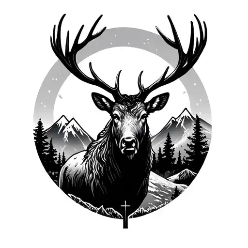elk with mountains and cross tattoo design idea