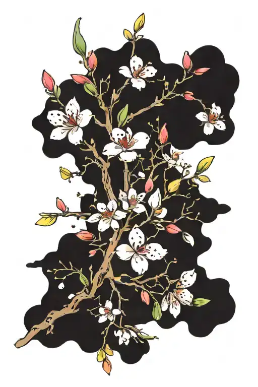 Cherry Blossom petals falling off branch, rainbow colored petals, black branch. rainbow Cherry blossoms tattoo design idea