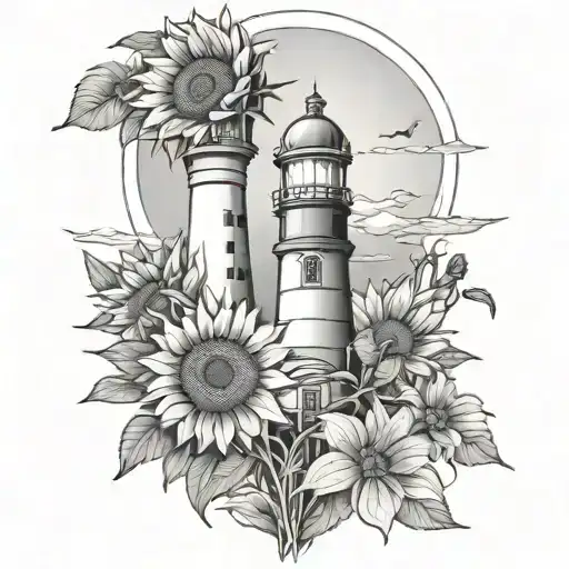 lighthouse and sunflowers  tattoo design idea