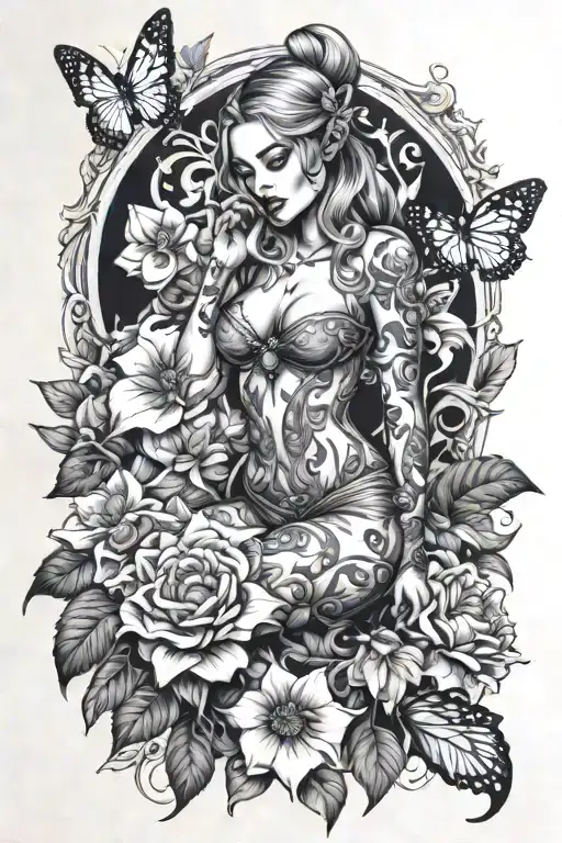 full body elf pinup girl surrounded by flowers and butterflies tattoo design idea
