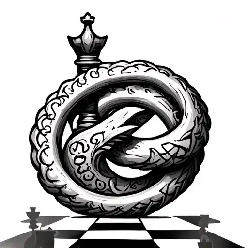 Ouroboros wrapped around a chess king, Viking Rune Tiwaz, Hebrew Word: רפאים Greek Letter Φ chessboard with fading king tattoo design idea