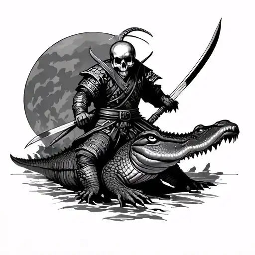 skull samurai slaying an alligator tattoo design idea