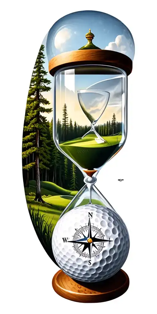 family and forest and hour glass and compass golf course golf ball tattoo design idea