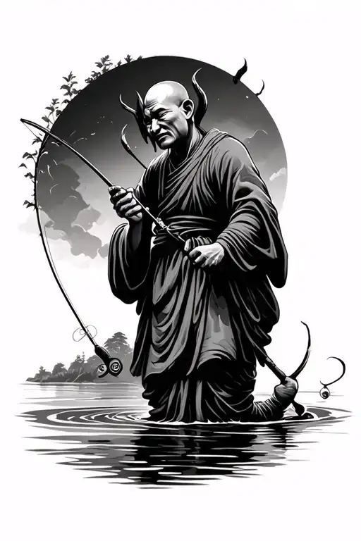 monk fishing on a river. that river falled down and its a devil face  tattoo design idea