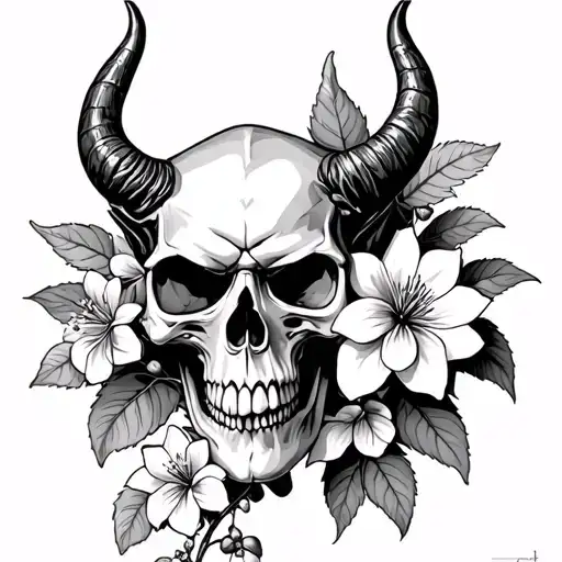 devil skull with clematis flowers tattoo design idea