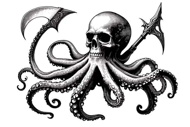 octopus with a skull for a head holding a scythe and a spear tattoo design idea
