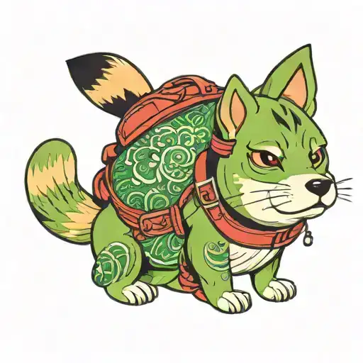 green shibu inu with frog eyes with a  traditional japanese backpack tattoo design idea