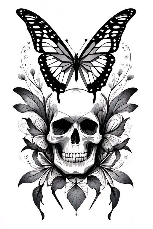 butterflys and skull tattoo design idea
