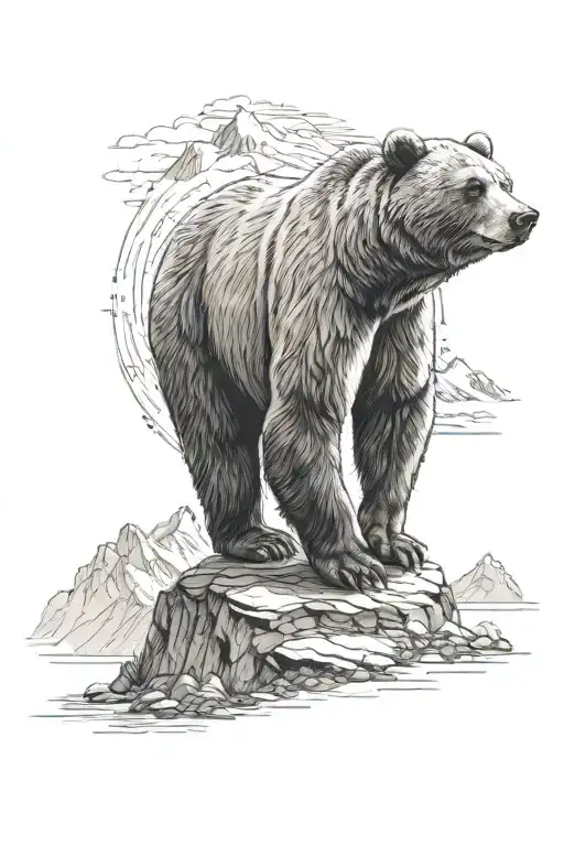 grizzly bear standing with mountain range tattoo design idea